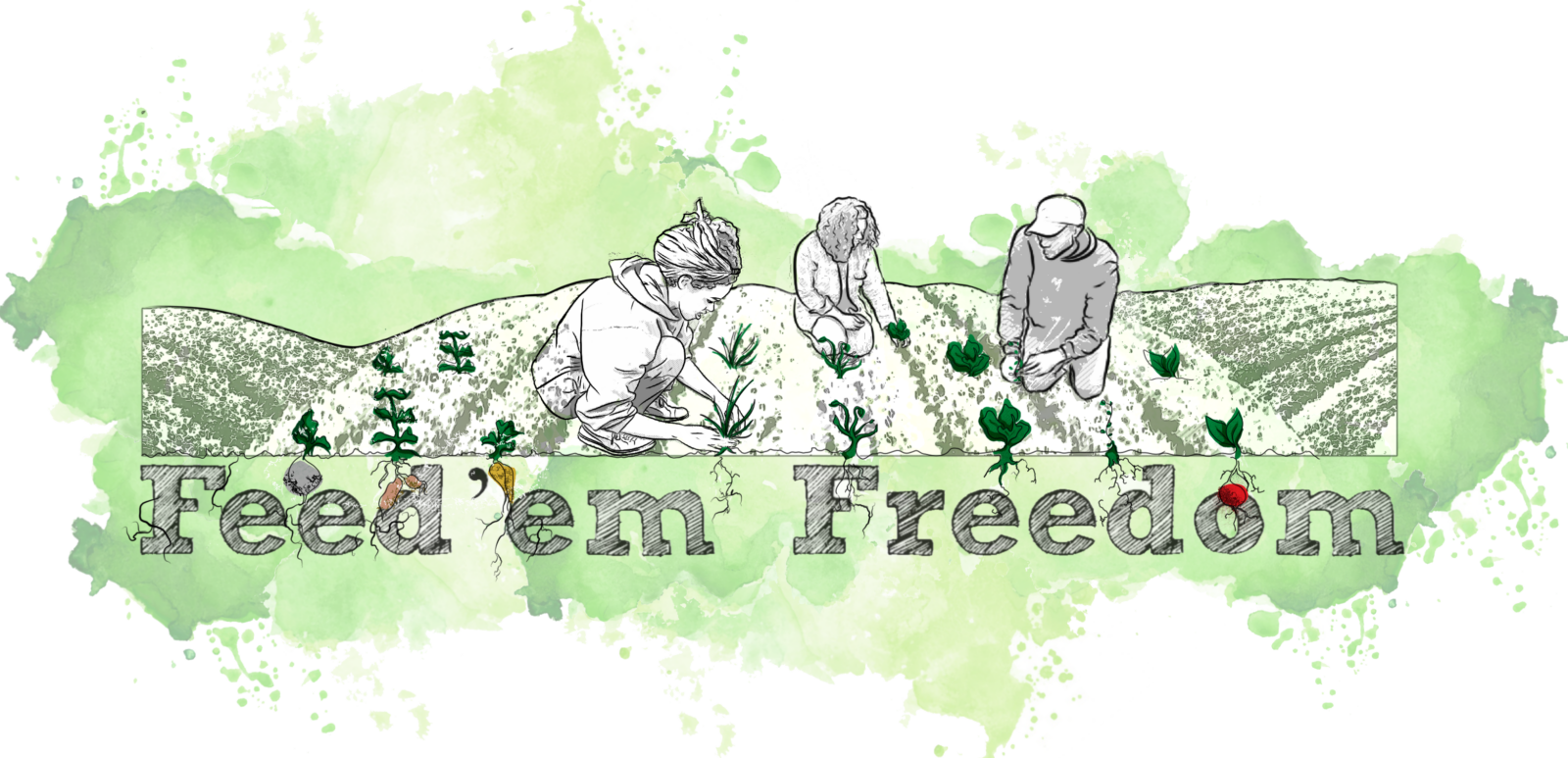 Three people work in a garden over the title Fee'dem Freedom